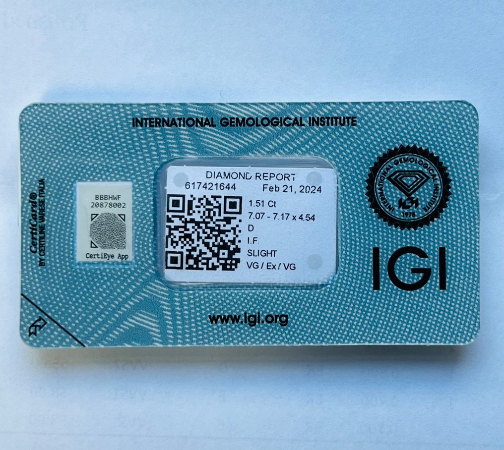 1 pcs Διαμάντι  (Φυσικό)  - 1.51 ct - Στρογγυλό - D (άχρωμο) - IF - International Gemological Institute (IGI) #3.2