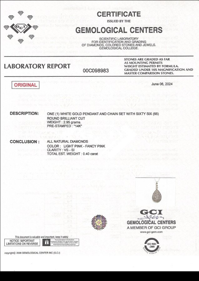 No Reserve Price Necklace with pendant 14 kt. White gold 0.40ct