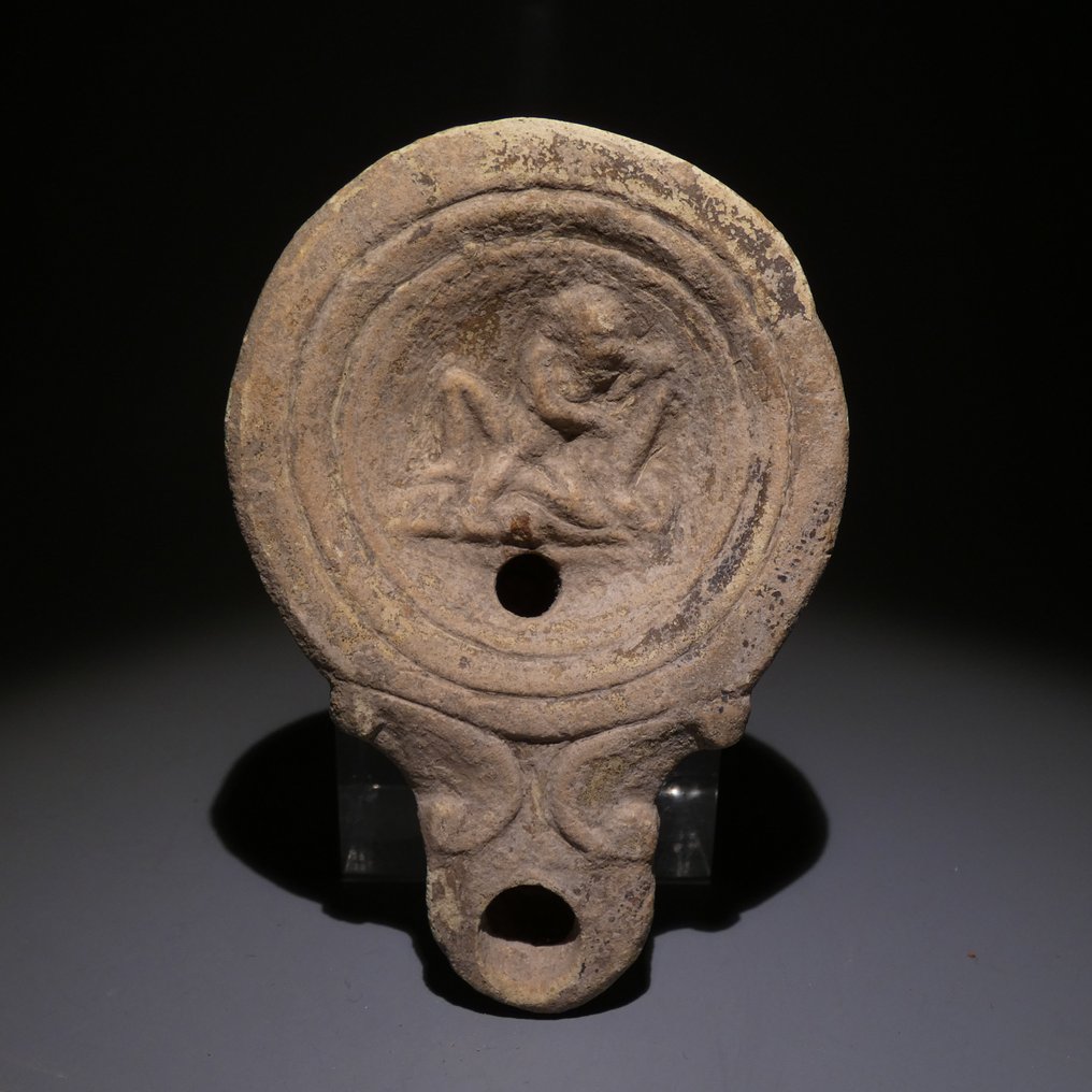 Ancient Roman Terracotta Erotic Oil lamp with Priapus. 9,5 cm L. 1st - 2nd Century AD. #2.1