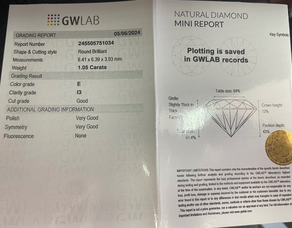 沒有保留價 - 1 pcs 鑽石  (天然)  - 1.05 ct - 圓形 - E(近乎完全無色) - I3 - Gemewizard Gemological Laboratory (GWLab) #2.1