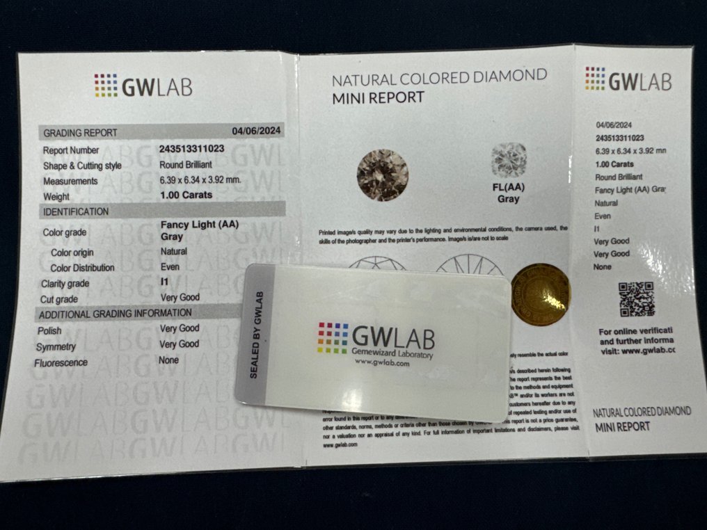 沒有保留價 - 1 pcs 鑽石  (天然彩色)  - 1.00 ct - 圓形 - Fancy light 灰色 - I1 - Gemewizard Gemological Laboratory (GWLab) - 花式淺灰色 #3.1