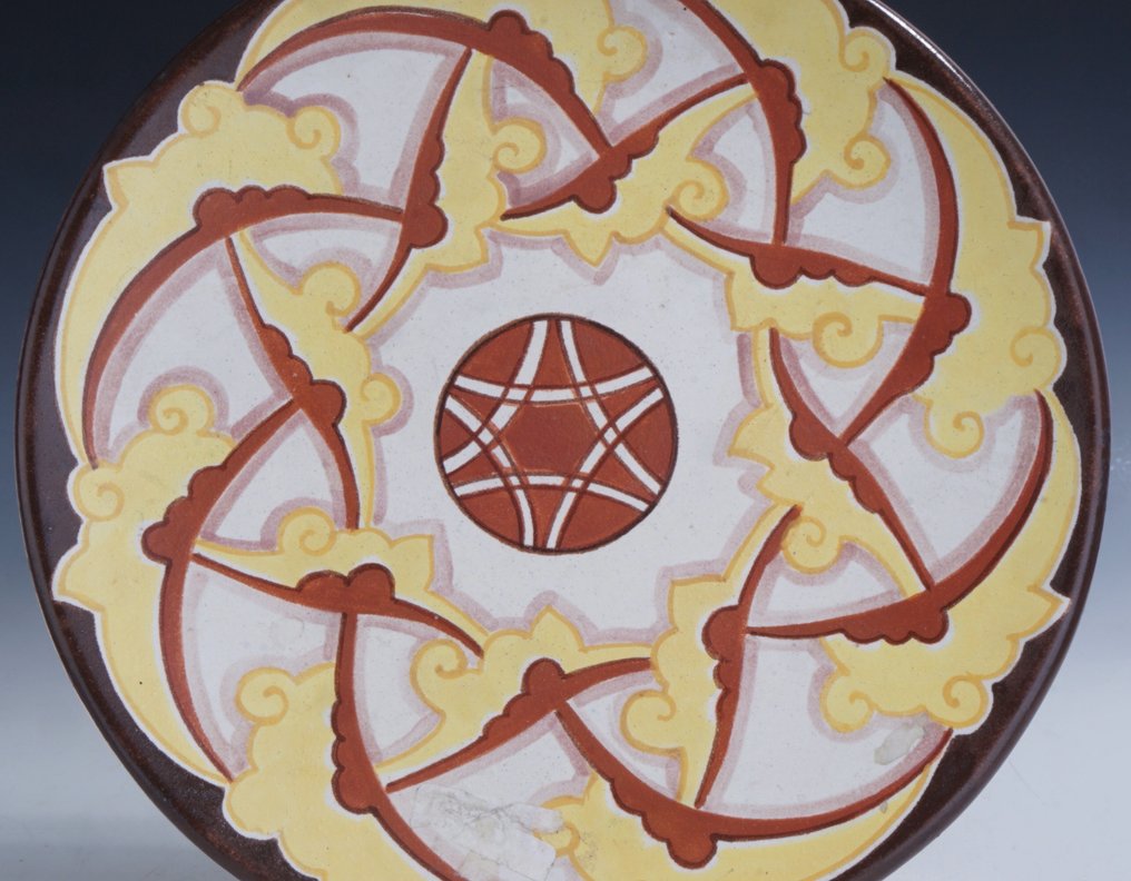 LOUIS GIRAUD (1897-1985) & VALLAURIS - 大淺盤 - 多彩装饰艺术风格的对称有机图案盘 • 打印标记 - 陶瓷 #2.1