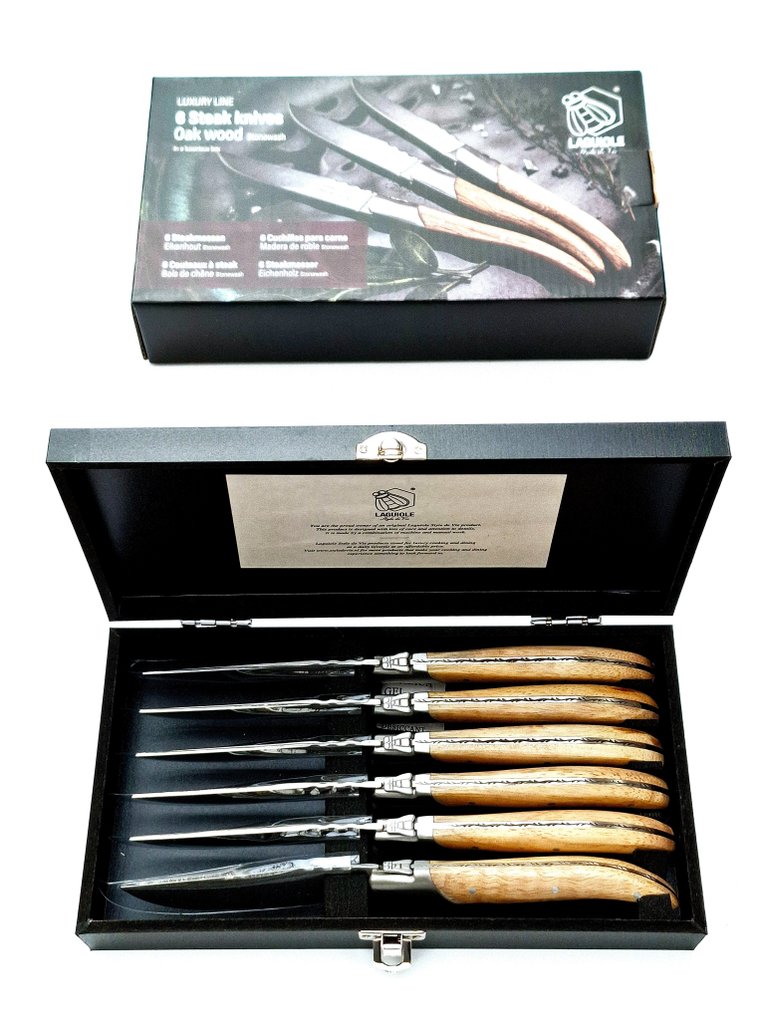 Laguiole - 6x Luxury Steak Knives - Oak Wood - stonewash blade finish - style de - 餐刀套装 (6) - 不锈钢 #1.0