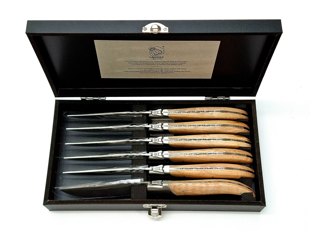 Laguiole - 6x Luxury Steak Knives - Oak Wood - stonewash blade finish - style de - Juego de cuchillos de mesa (6) - Acero inoxidable #3.2