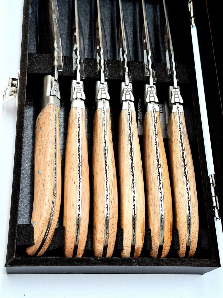 Laguiole - 6x Luxury Steak Knives - Oak Wood - stonewash blade finish - style de - 餐刀套装 (6) - 不锈钢 #4.3