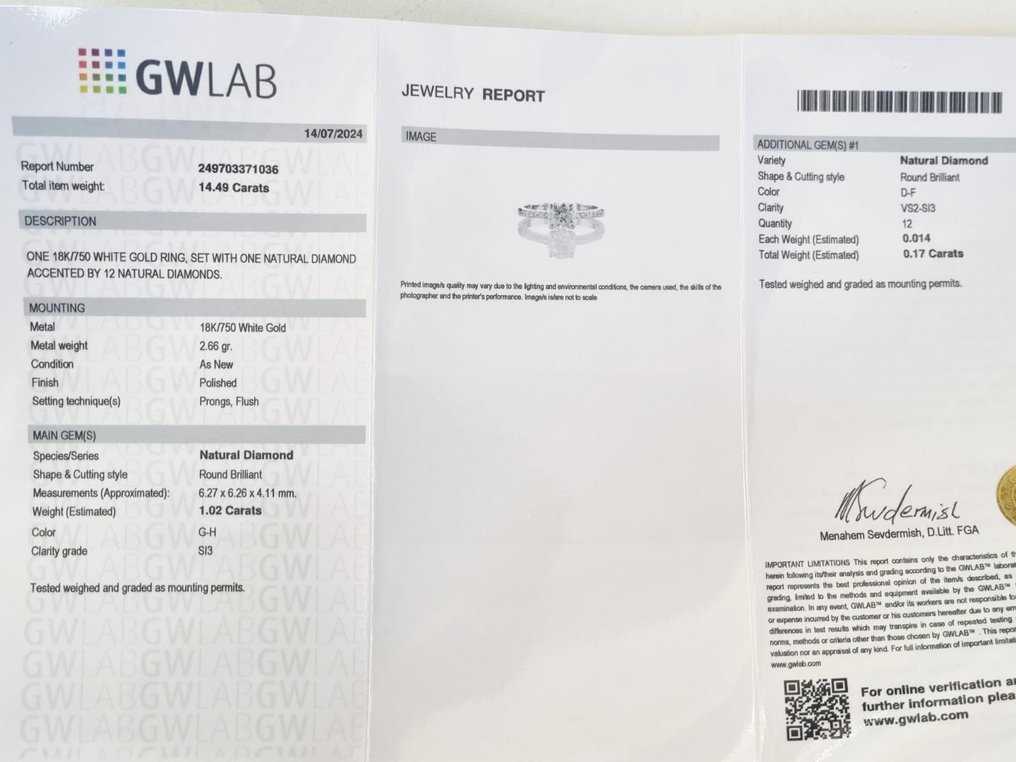 订婚戒指 - 18K包金 白金 -  1.19ct. tw. 钻石 (天然) #4.3