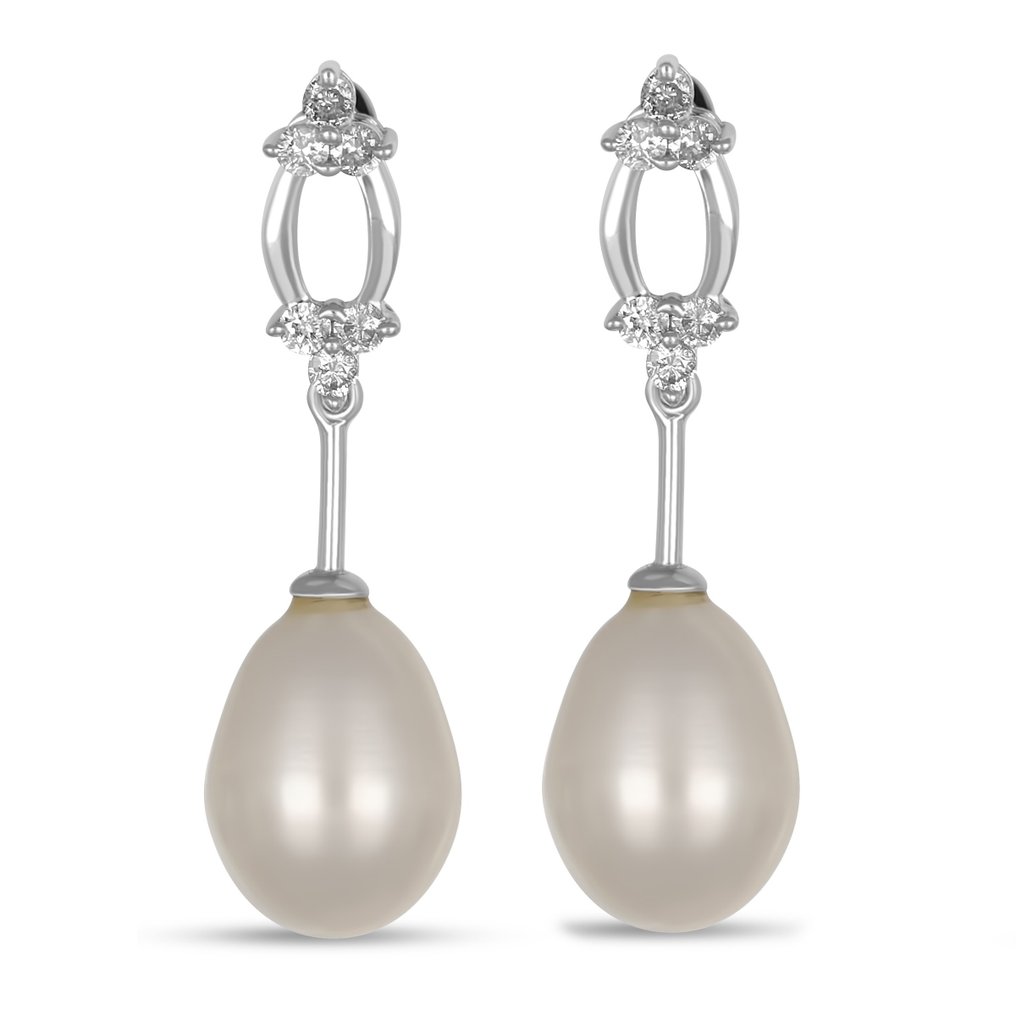 Drop fülbevaló - 18 kt. Fehér arany -  0.24ct. tw. Gyémánt (Természetes)  - Gyöngy #1.0