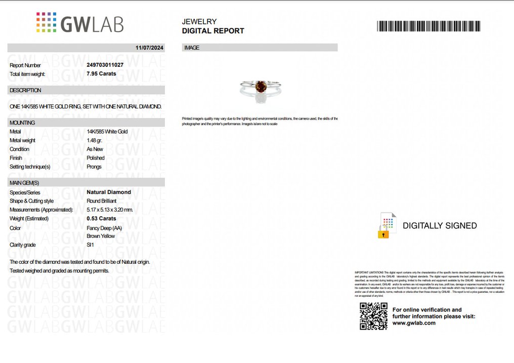 Jegygyűrű - 14 kt. Fehér arany -  0.53ct. tw. Sárga Gyémánt (Természetes színű) #2.1