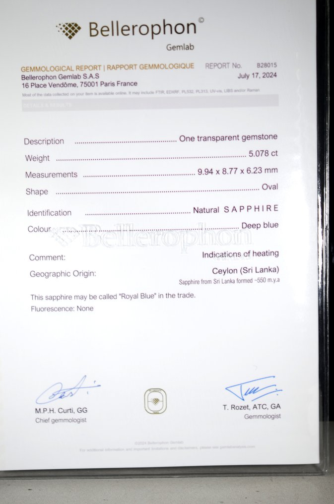 Zafír - 5.07 ct - Bellerophon Gemlab - RoyalBlue #3.2