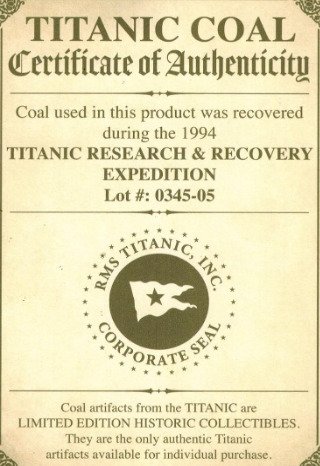 美國. Medal Original Coal from the RMS TITANIC - With Certificate of Authenticity  (沒有保留價) #4.3