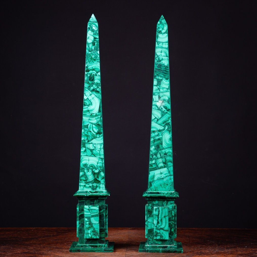 Timeless Elegance - Pair of Malachite Obelisks of the Highest Quality - Height: 597 mm - Width: 111 mm- 6219 g #3.2