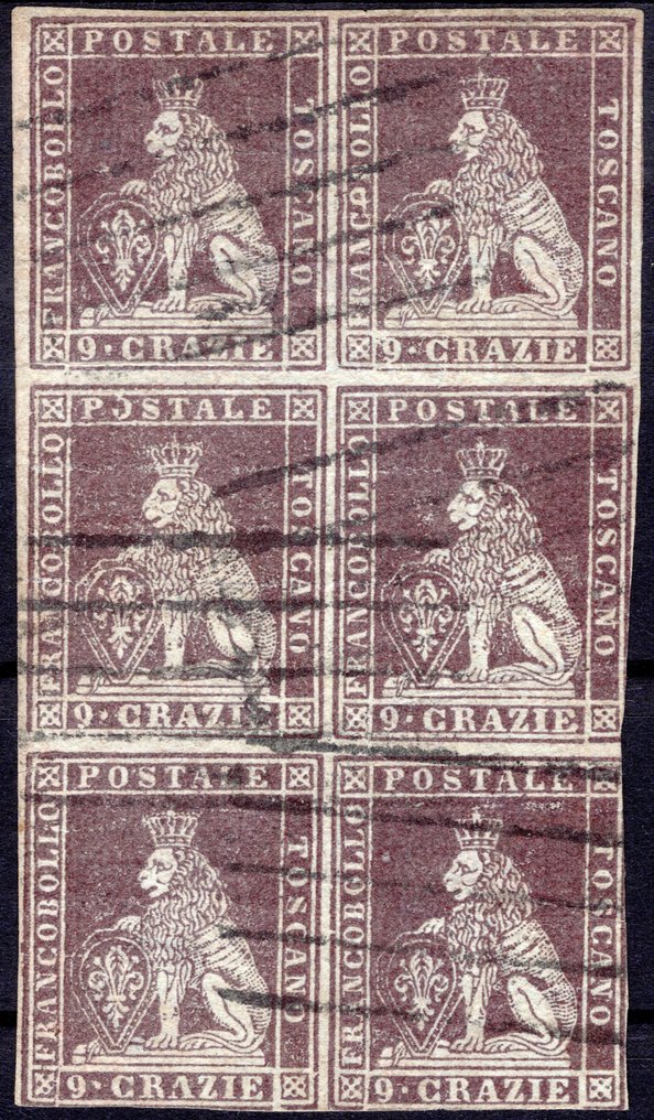 意大利古國－托斯卡尼 1851 - 9公分，紫罗兰色在灰色背景上，六块一组，左边带有纸边，已使用 - 非常漂亮。 - Sassone n. 8 #1.0