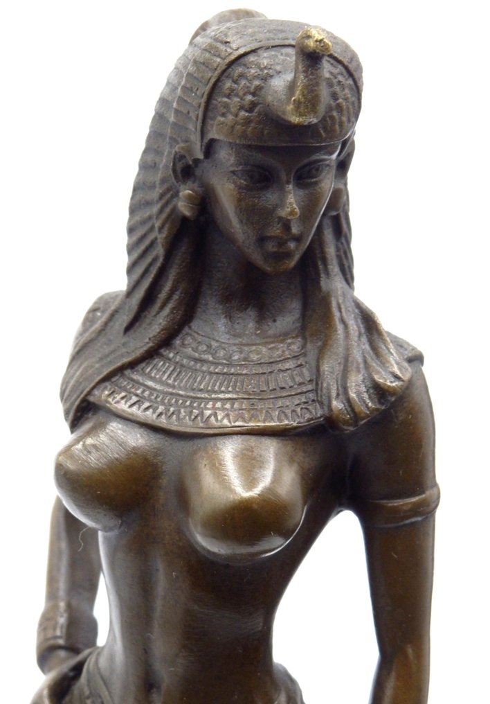 Γλυπτό, XL Bronzen Beeldje Cleopatra met hond - 26 cm - Μπρούντζος, Μάρμαρο - 2010 #4.3