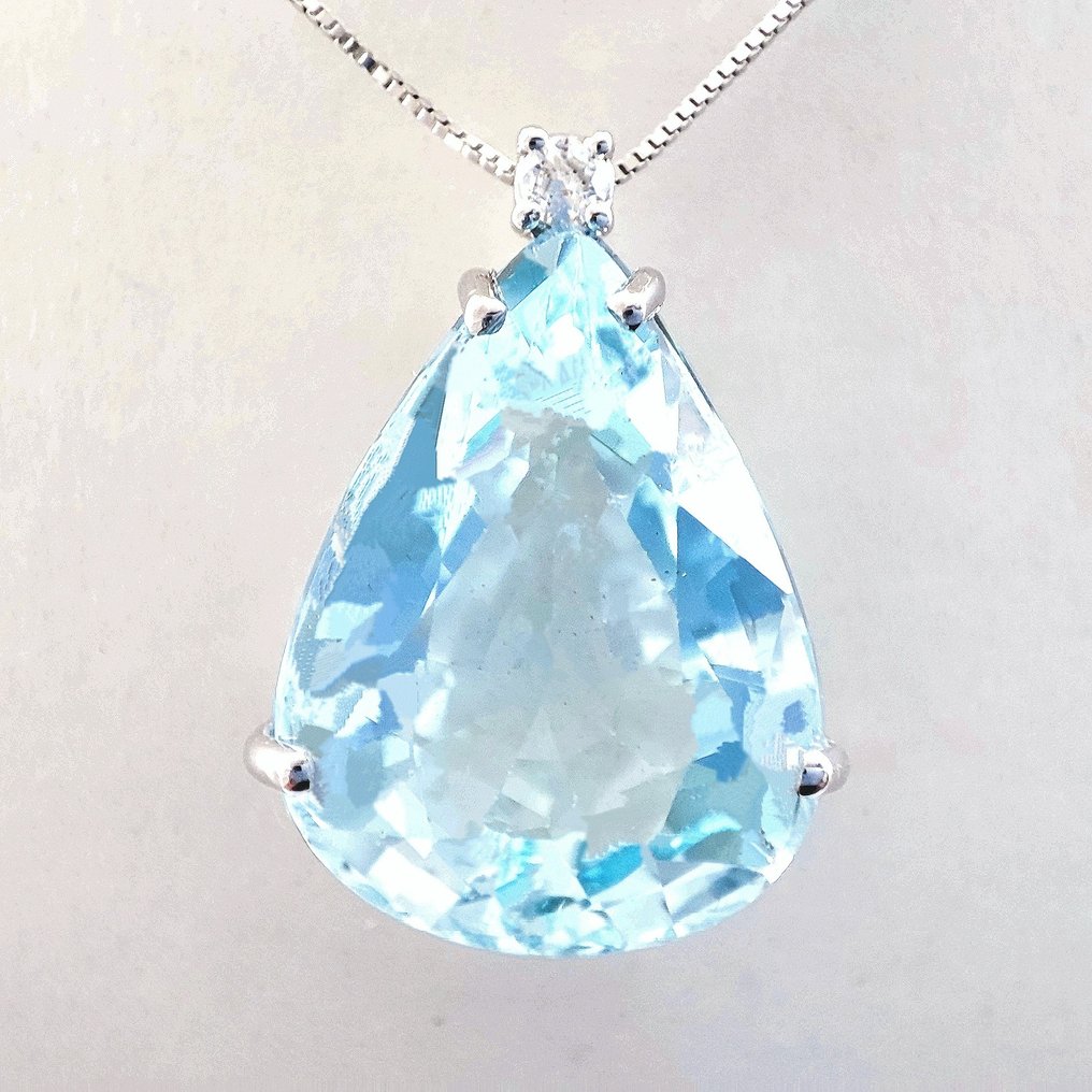 没有保留价 - 吊坠项链 - 18K包金 白金 -  7.73ct. tw. 海蓝宝石 - 钻石 #1.0