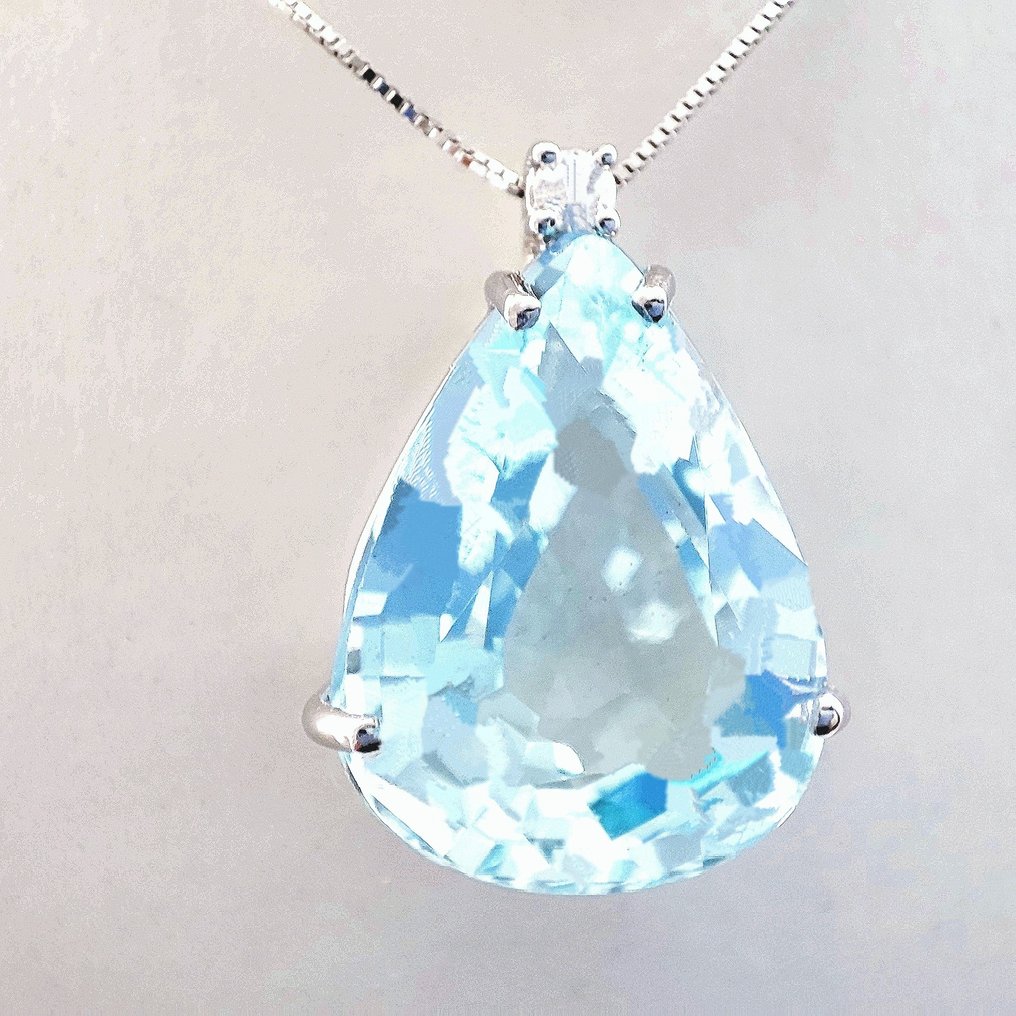 没有保留价 - 吊坠项链 - 18K包金 白金 -  7.73ct. tw. 海蓝宝石 - 钻石 #3.2