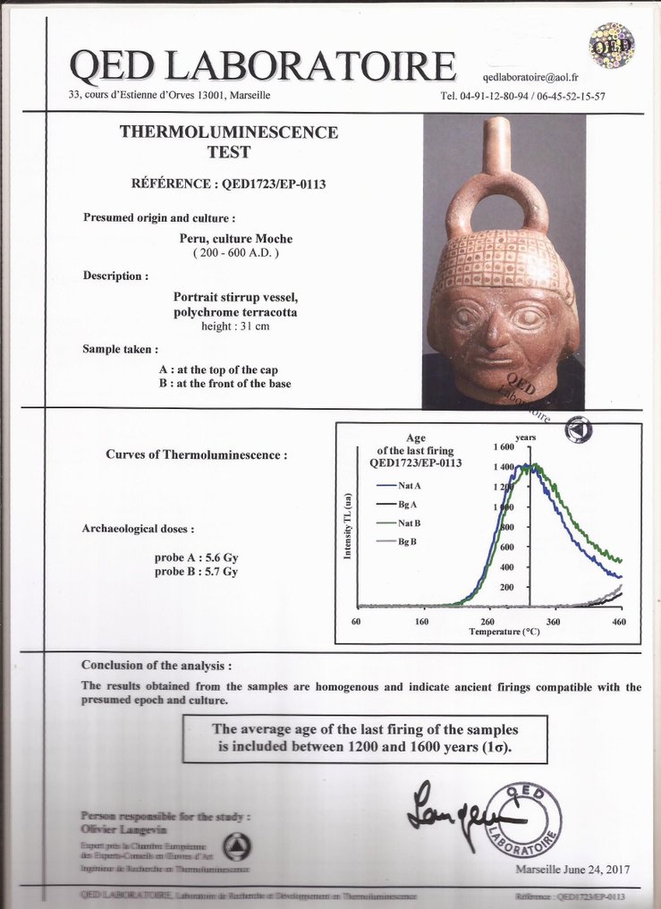 哥伦布前。莫切 陶瓷大型肖像容器 使用TL测试和西班牙出口许可证 #4.3