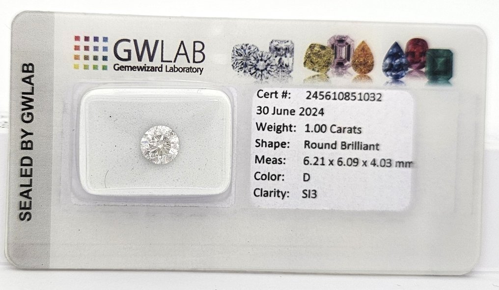 1 pcs Diamante  (Natural)  - 1.00 ct - Redondo - D (incoloro) - SI3 - Gemewizard Gemological Laboratory (GWLab) #1.1