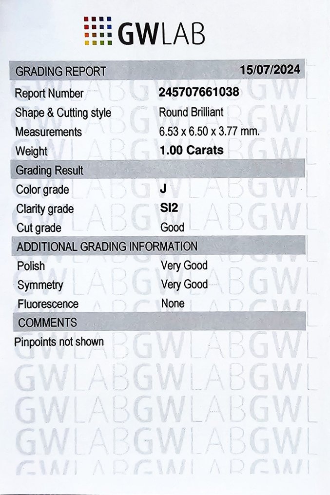 1 pcs Diamante  (Naturale)  - 1.00 ct - Rotondo - J - SI2 - Gemewizard Gemological Laboratory (GWLab) #3.2