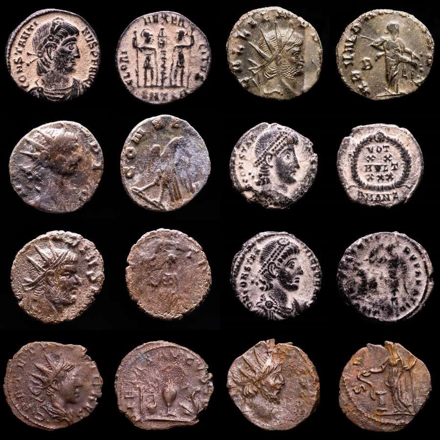 Rooman imperiumi. Lot comprising eight (8) AE coins:  Antoninianus, Follis, Maiorinas. Antoninianus, Follis, Maiorinas. Constantine I, Gallienus, Tetrius II, Tetricus II, Constantius II (2), Claudius II & Victorinus  (Ei pohjahintaa) #1.1