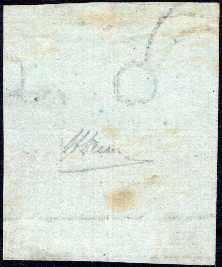 意大利古國－托斯卡尼 1851 - 两块蓝绿色调的灰色调裂片，用钢笔签名的四格画，非常罕见。 - Sassone n. 5e #1.0