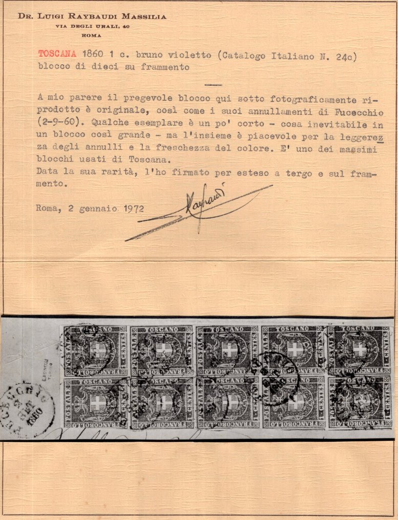 意大利古國－托斯卡尼 1860 - 1c. 紫色布鲁诺，成批10个，用于碎片——托斯卡纳地区使用的最大块体之一。 - Sassone n. 17 #3.2