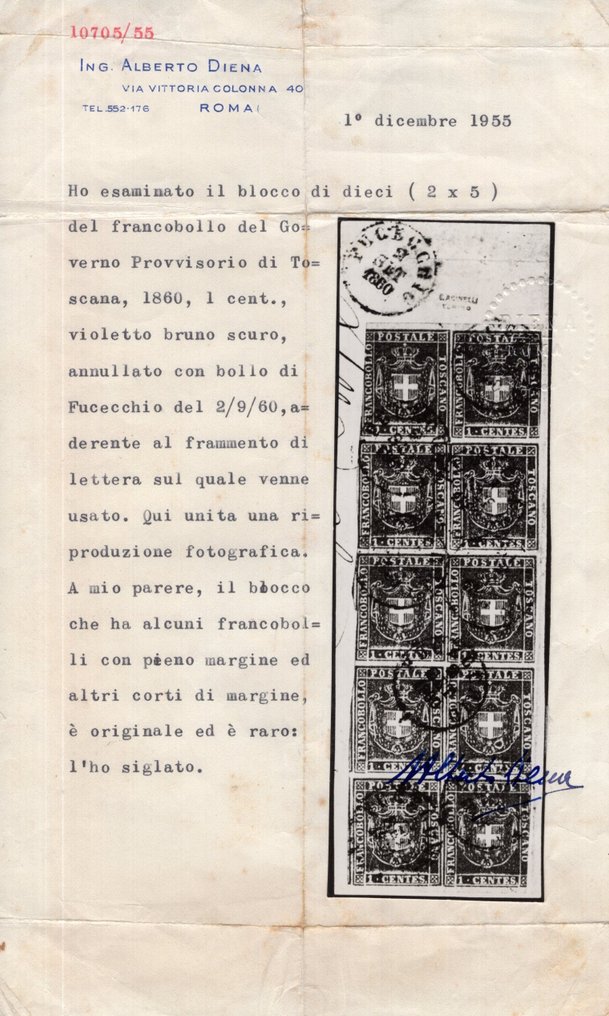 意大利古國－托斯卡尼 1860 - 1c. 紫色布鲁诺，成批10个，用于碎片——托斯卡纳地区使用的最大块体之一。 - Sassone n. 17 #2.1