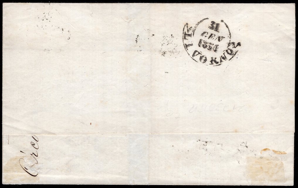 意大利古國－托斯卡尼 1852 - 一枚黑色四分硬币，放在蓝色纸上，成水平对放，装在圆形包装中——稀有！ - Sassone n. 1a #1.0