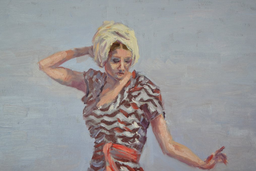 Chris van Dijk (1952) Impressionist - " Jeune femme dans une belle robe sur la plage " #3.2