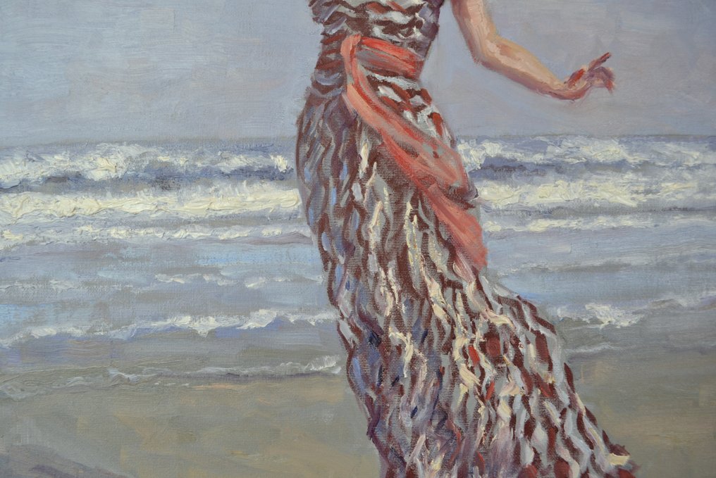 Chris van Dijk (1952) Impressionist - " Jeune femme dans une belle robe sur la plage " #4.3