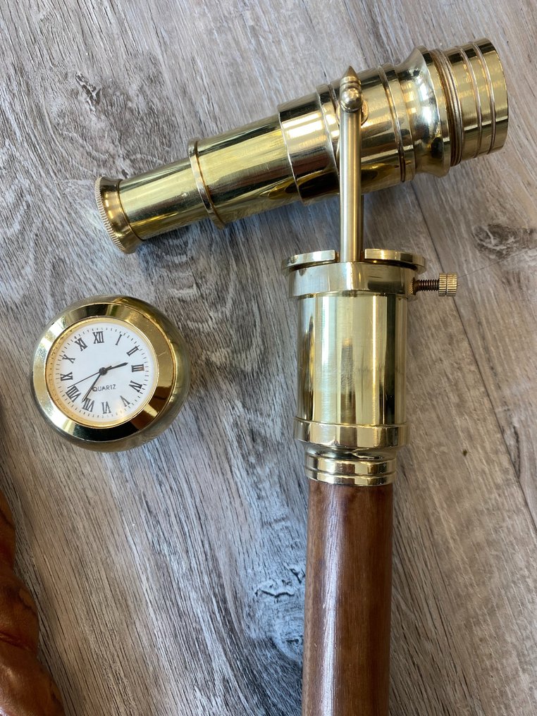 Walking stick - Walking stick with heavy brass handle clock and naturalist - Teakwood - Brass #1.0