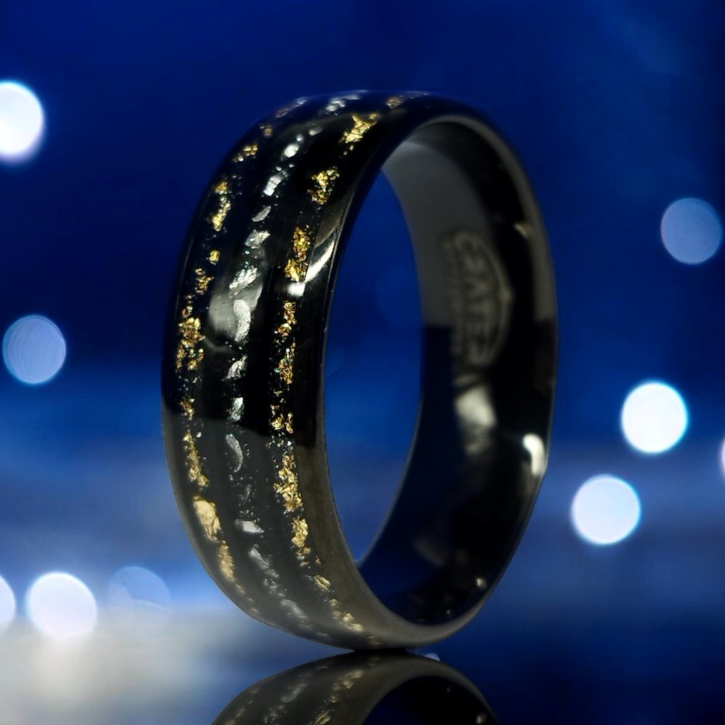Tungsten ring with gold and meteorite inlays. The energy of the Universe in your hands.- 7 g #1.0