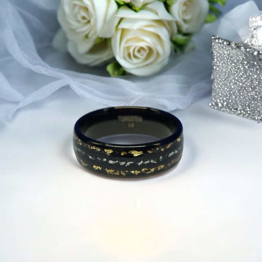 Tungsten ring with gold and meteorite inlays. The energy of the Universe in your hands.- 7 g #3.2