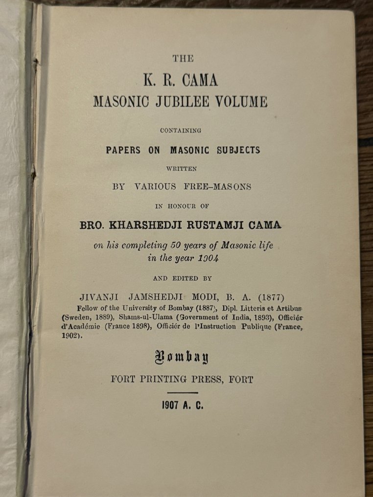 Jivanji Jamshedji Modi - Papers on Masonic Subjects 1907 K.R. Cama Masonic Jubilee Volume - 1907 #2.1