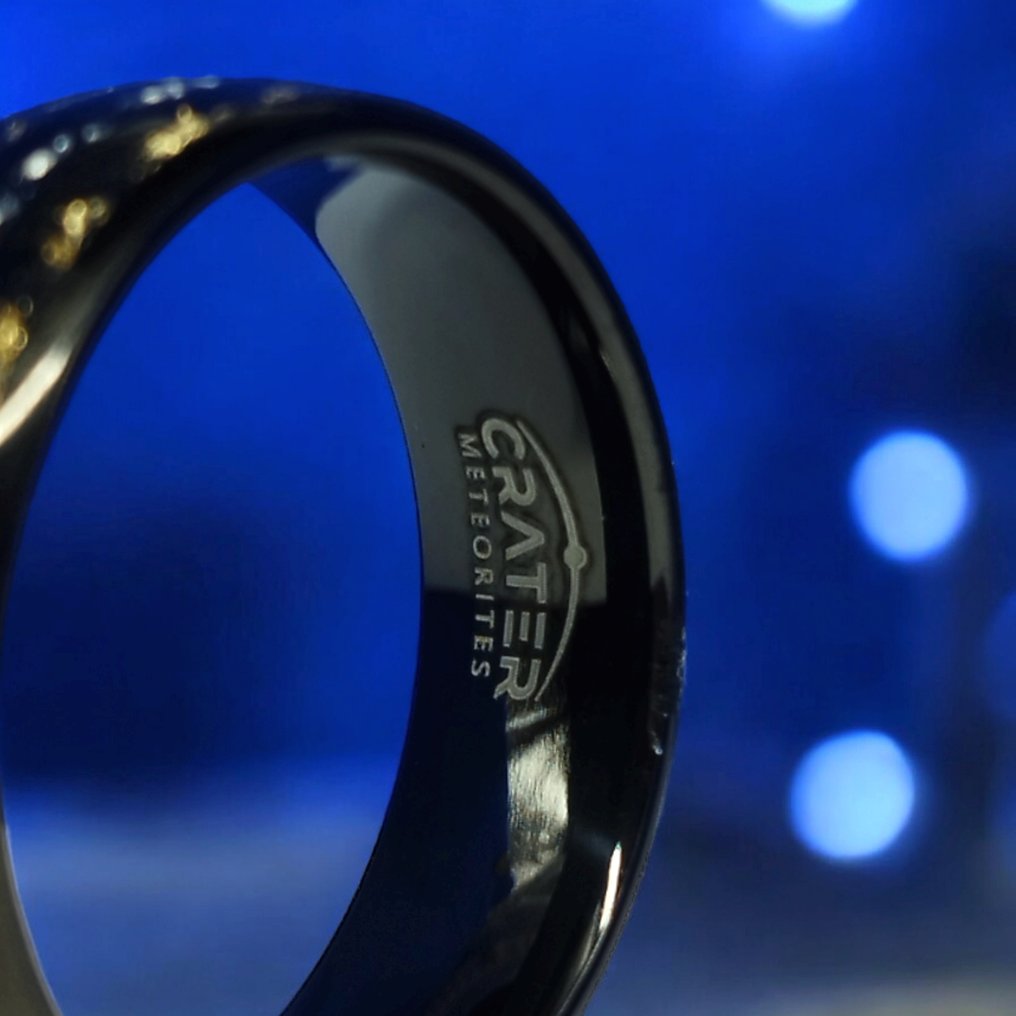 Tungsten ring with gold and meteorite inlays. The energy of the Universe in your hands.- 7 g #1.0