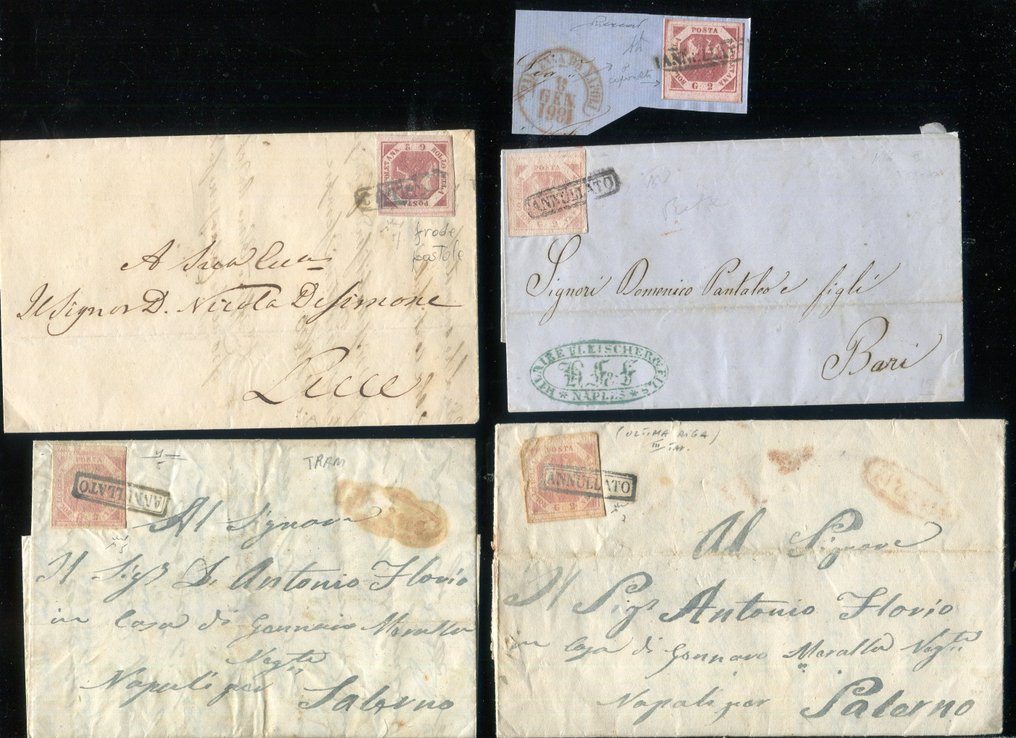 Italian Ancient States - Naples 1858 - 2 grana 1st and 3rd plate, also in postal fraud, with color variety and cancellation. - Sassone 5, 5f, 7, 7e, 7n. #1.0