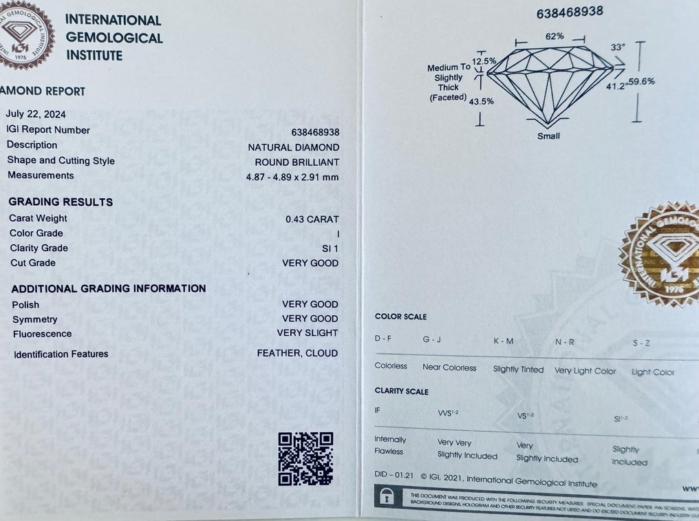 没有保留价 - 1 pcs 钻石  (天然)  - 0.43 ct - 圆形 - I - SI1 微内含一级 - 国际宝石研究院（IGI） #2.1