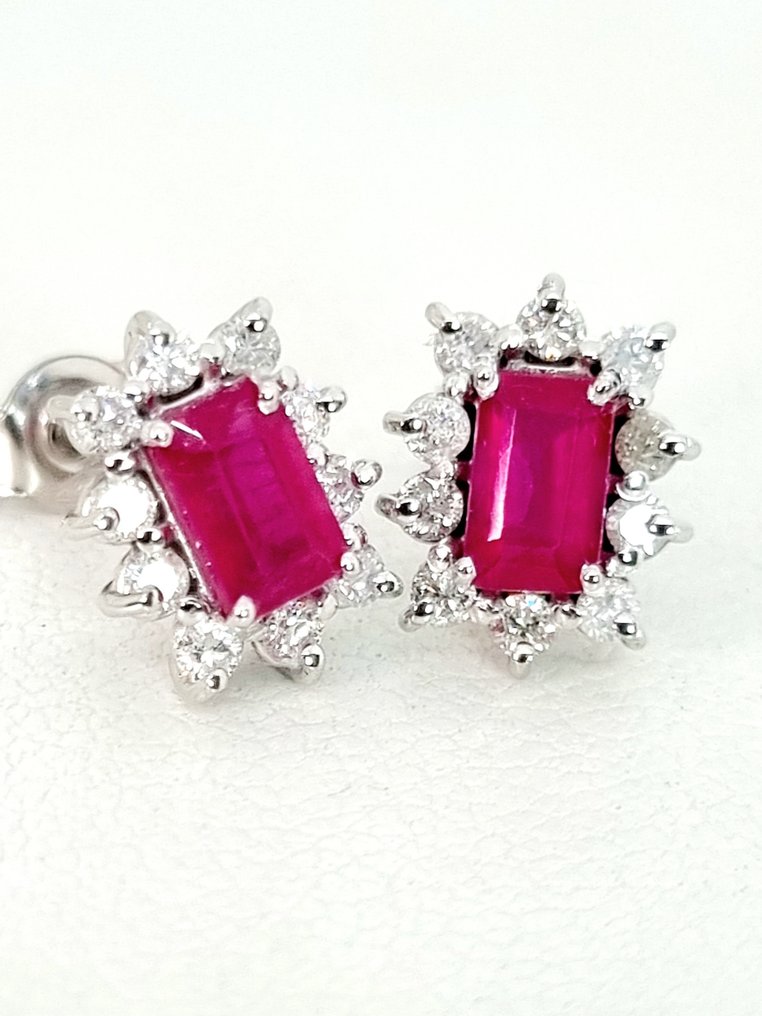 耳環 - 18 克拉 白金 紅寶石 - 鉆石 #1.0