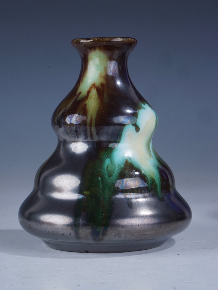 Faienceries de Thulin - 花瓶 -  装饰艺术装饰花瓶，黑色和绿色色调多彩滴釉  - 陶瓷 #2.1