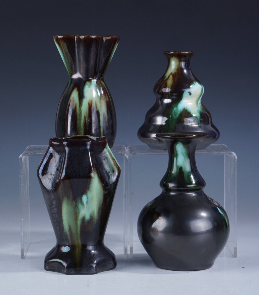 Faienceries de Thulin - 花瓶 -  装饰艺术装饰花瓶，黑色和绿色色调多彩滴釉  - 陶瓷 #1.0