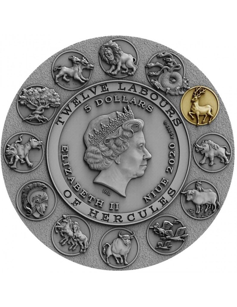纽埃. 5 Dollars 2020 Ceryneian Hind - Twelve Labours of Hercules, 2 Oz (.999) #2.1