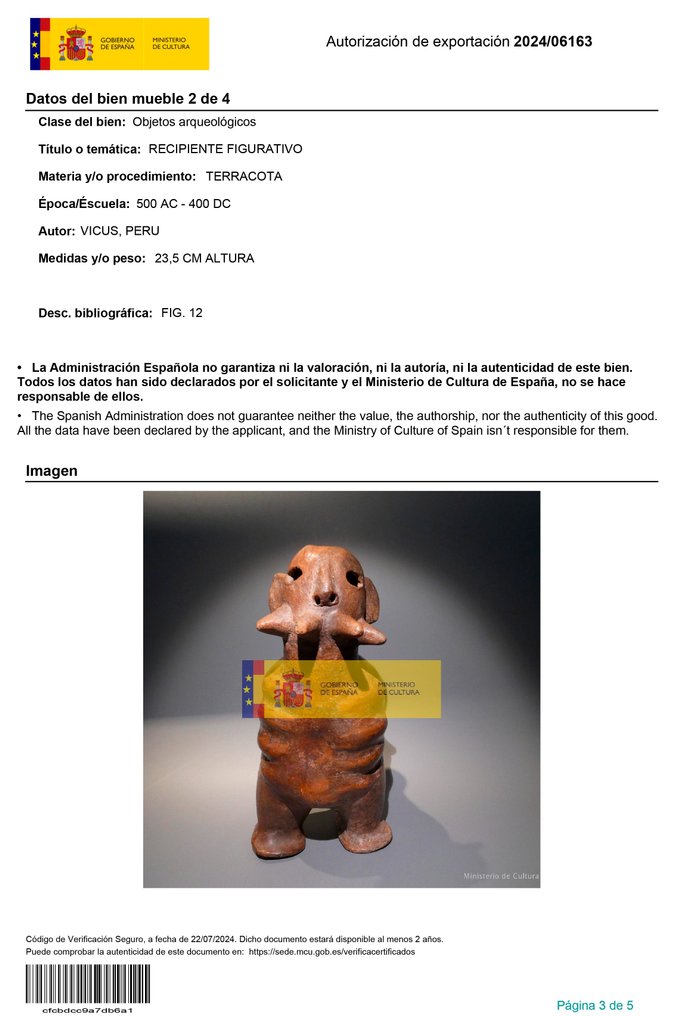 Vicus, Pérou Terre cuite Vase figuratif avec poignée. PUBLIÉ. 25 cm H. 500 av. J.-C. - 400 apr. J.-C. Licence d'exportation #3.2