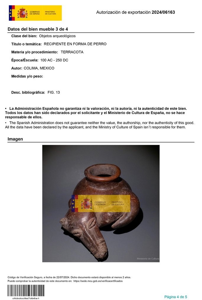 Nayarit Teracotă Vas pentru câini. 20 cm diametru. 100 î.Hr. - 250 d.Hr. Licență de export spaniolă. #3.2