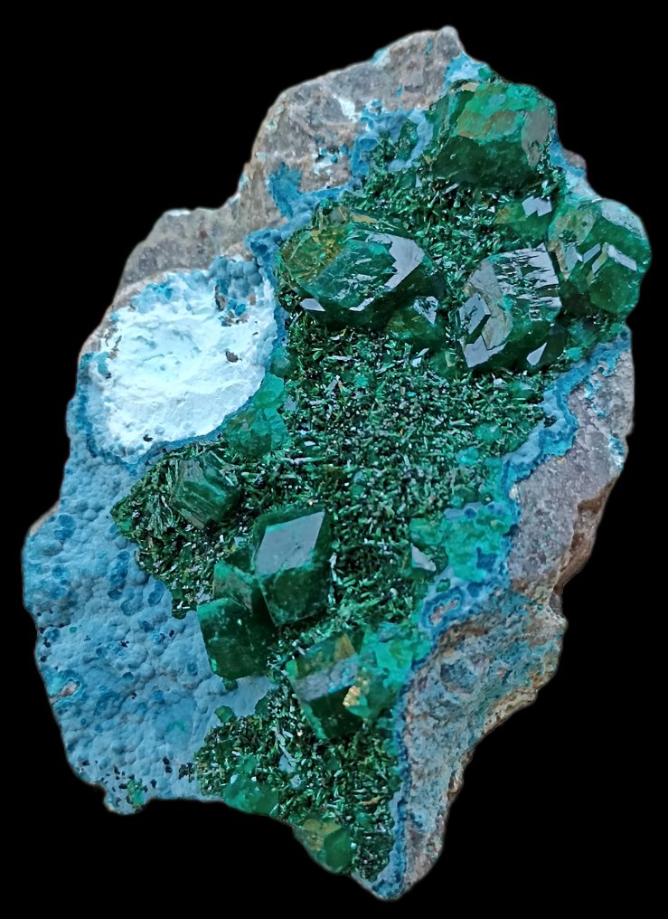 RARO. Cristalli di dioptasio, Malachite e Shattuckite cristallizzate. - Altezza: 70 mm - Larghezza: 52 mm- 94.1 g - (1) #1.2