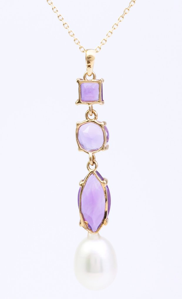 χωρίς τιμή ασφαλείας - Κολιέ - 14 καράτια Κίτρινο χρυσό Μαργαριτάρι - Αμέθυστος #4.3