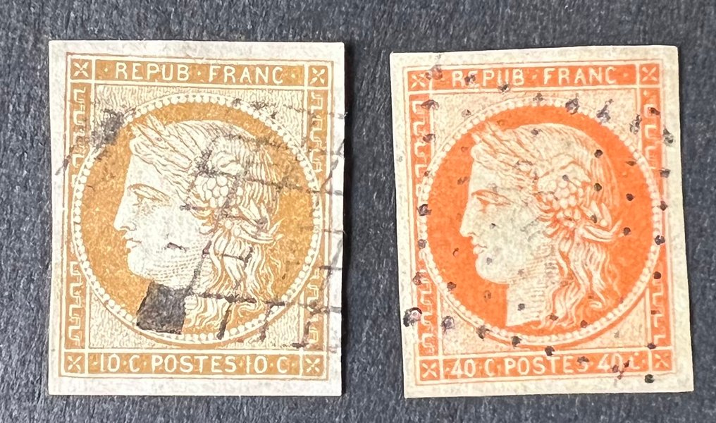 Francia 1849 - Francia Classique Cérès 10c bistre y 40c naranja calificación 865 - Yvert Tellier 1-5 #1.1