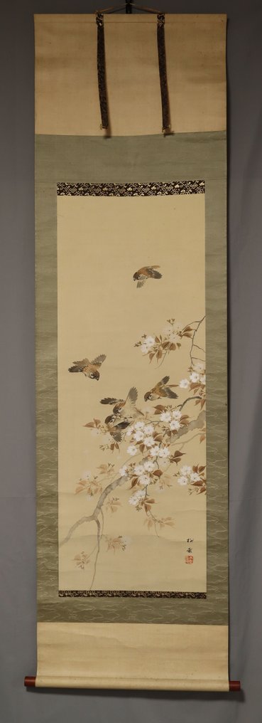 Cherry blossoms and sparrows - With signature 'Tosai' 桃斎 - Yamaguchi Tousai (1933-?) - 日本  (没有保留价) #2.1