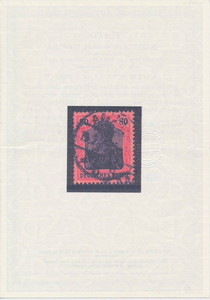 Cesarstwo Niemieckie 1915 - Kaiserreich 80 Pfg. Kriegsdruck (metalicznie błyszczący) czarny na jasno czerwonym. - Michel Nr. 93 II a mit Fotoattest Jäschke-Lantelme #3.2
