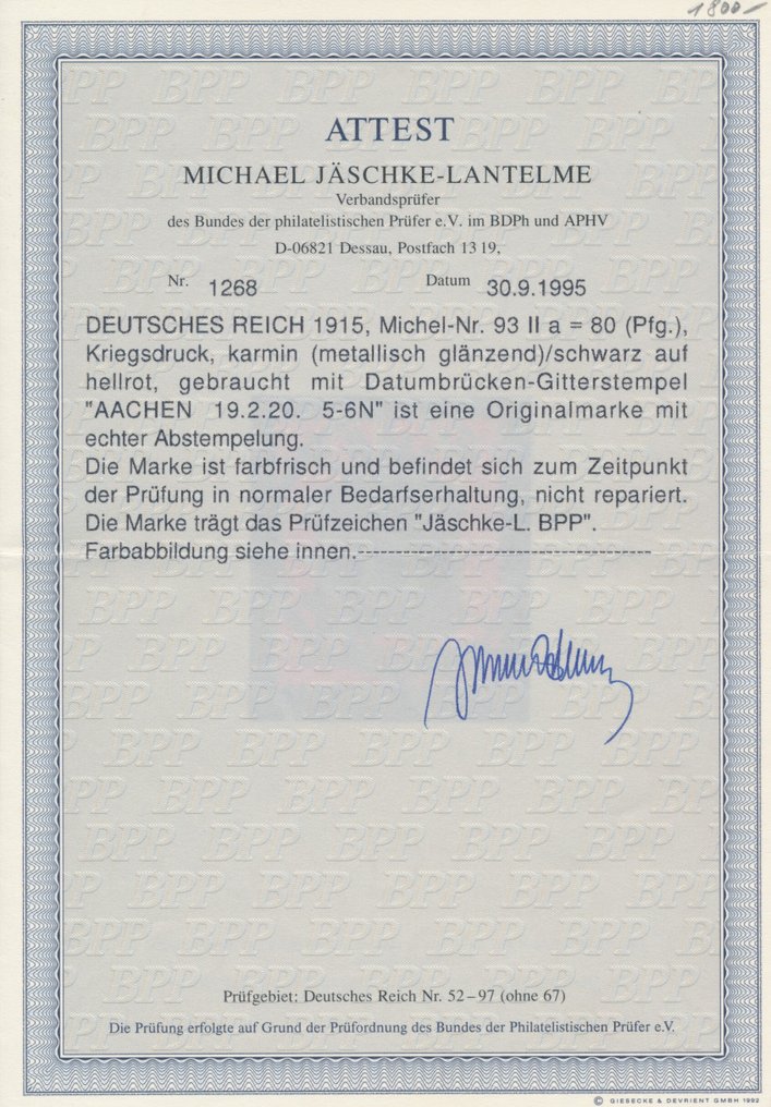 Cesarstwo Niemieckie 1915 - Kaiserreich 80 Pfg. Kriegsdruck (metalicznie błyszczący) czarny na jasno czerwonym. - Michel Nr. 93 II a mit Fotoattest Jäschke-Lantelme #2.1