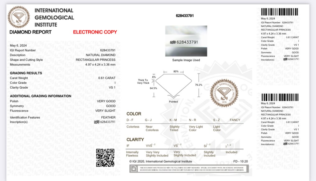 1 pcs Diament (Naturalny) - 0.61 ct - I - VS1 (z bardzo nieznacznymi inkluzjami) - International Gemological Institute (IGI) #2.1