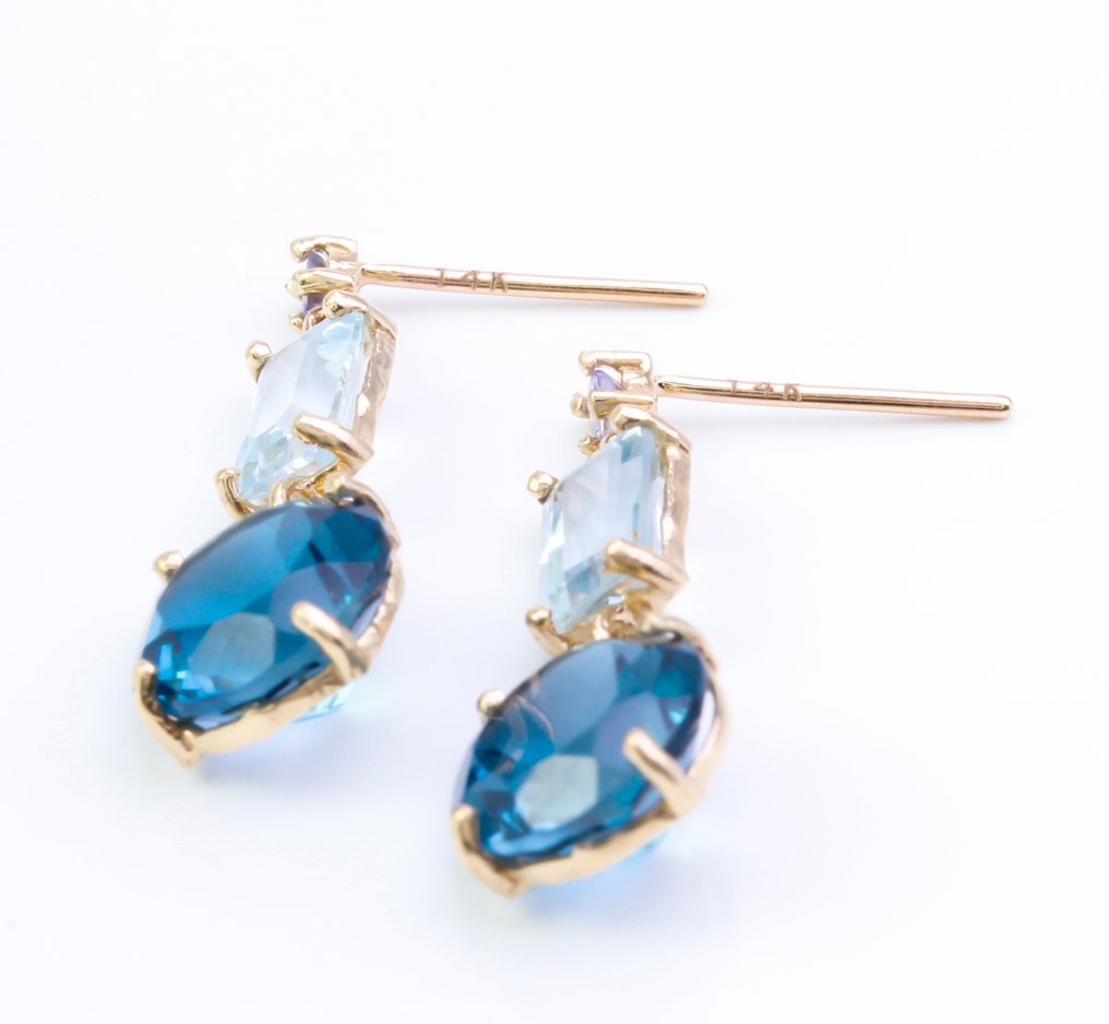 没有保留价 - 耳环 - 14K包金 黄金 黄宝石 - 海蓝宝石 #4.3